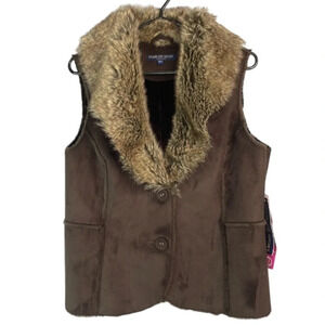 Flair Sport NWT Fun Fur Shawl Collar Vest Brown Faux Suede  Button Front MP
